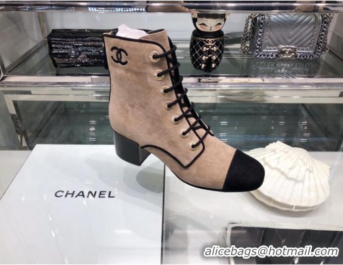 Classic Chanel Suede Calfskin Lace-up Short Boots G35174 Beige 2019