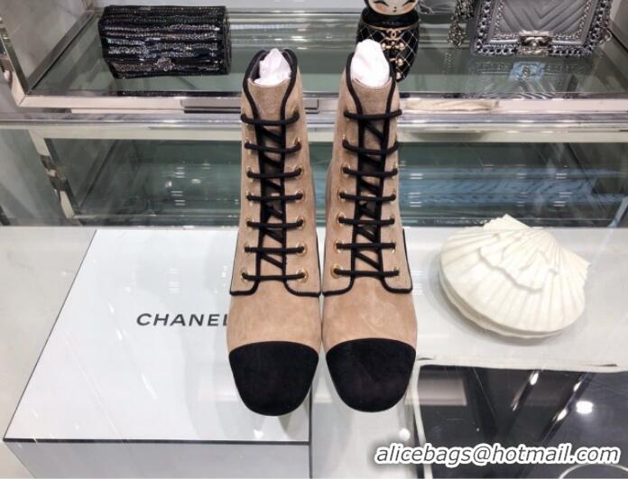 Classic Chanel Suede Calfskin Lace-up Short Boots G35174 Beige 2019