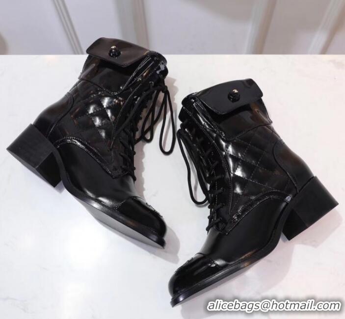 Discounts Chanel Quilted Patent Leather Lace-up Short Boots G11522 Black 2019