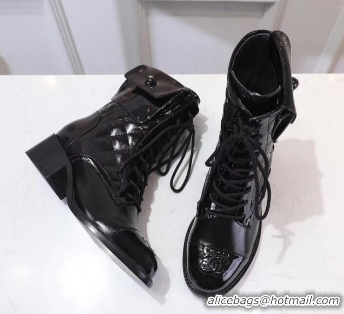 Discounts Chanel Quilted Patent Leather Lace-up Short Boots G11522 Black 2019