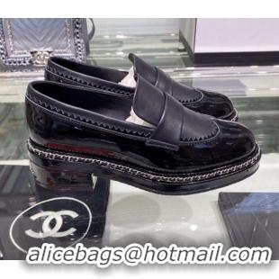 Best Price Chanel Calfskin and Patent Leather Chain Lace-Ups Loafers G35317 Black 2019