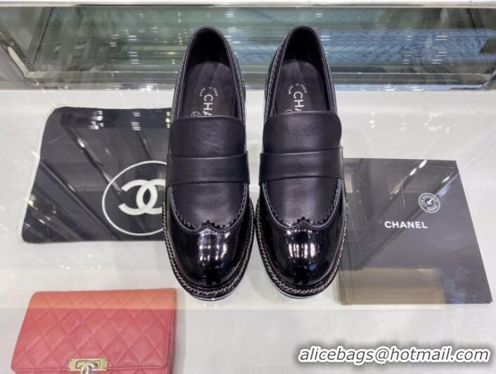 Best Price Chanel Calfskin and Patent Leather Chain Lace-Ups Loafers G35317 Black 2019