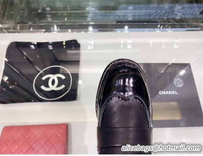 Best Price Chanel Calfskin and Patent Leather Chain Lace-Ups Loafers G35317 Black 2019