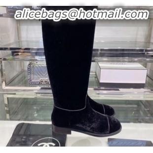 Best Luxury Chanel Velvet Chain Flat High Boots G35099 Black 2019 