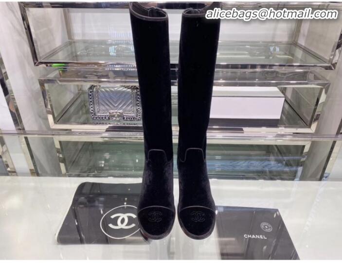 Best Luxury Chanel Velvet Chain Flat High Boots G35099 Black 2019 