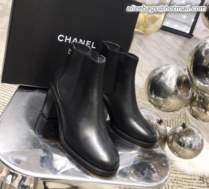 Good Quality Chanel Leather and Elastic Fabric Mid-Heel Short Boots G12819 Black 2019