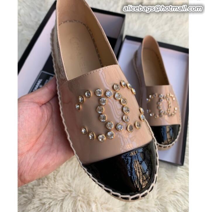 Low Cost Chanel Patent Leather Crystal CC Espadrilles G20301 Nude 2019