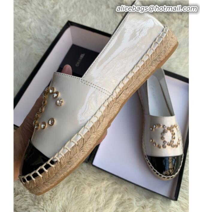 Top Quality Chanel Patent Leather Crystal CC Espadrilles G20301 White 2019