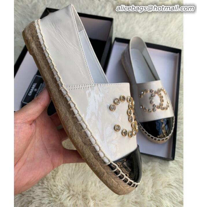 Top Quality Chanel Patent Leather Crystal CC Espadrilles G20301 White 2019