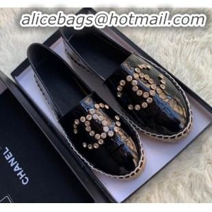 Classic Practical Chanel Patent Leather Crystal CC Espadrilles G20301 Black 2019