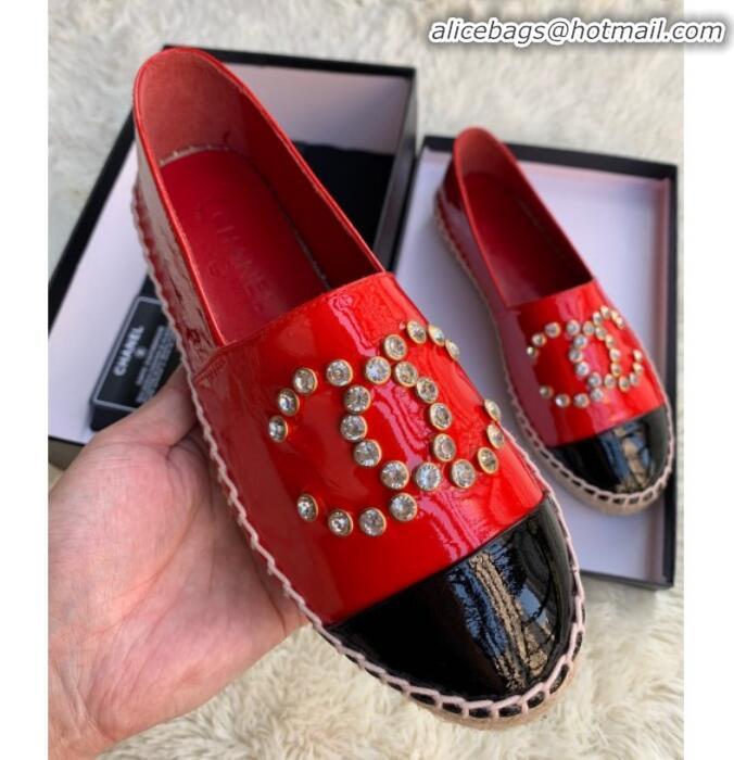 Classic Chanel Patent Leather Crystal CC Espadrilles G20301 Red 2019