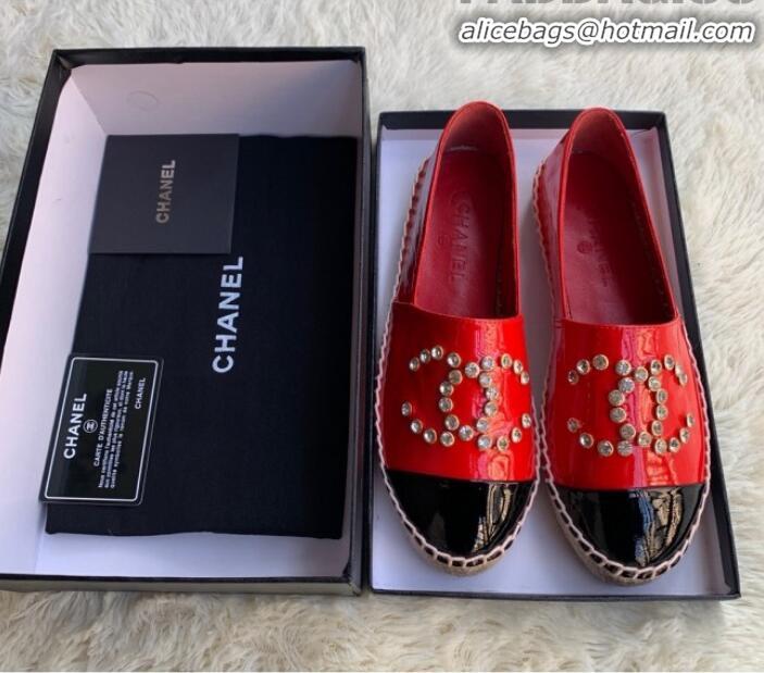 Classic Chanel Patent Leather Crystal CC Espadrilles G20301 Red 2019