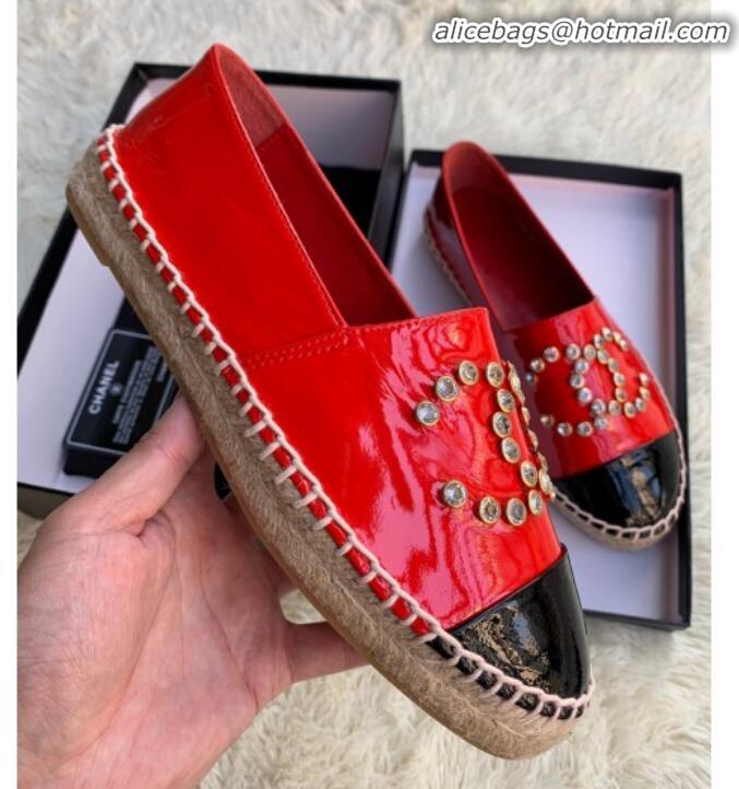 Classic Chanel Patent Leather Crystal CC Espadrilles G20301 Red 2019