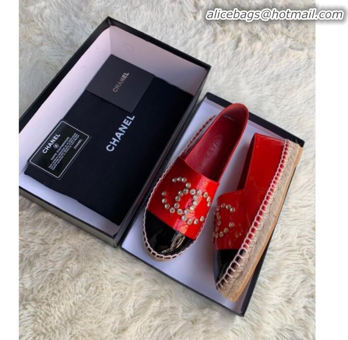 Classic Chanel Patent Leather Crystal CC Espadrilles G20301 Red 2019