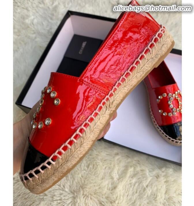 Classic Chanel Patent Leather Crystal CC Espadrilles G20301 Red 2019