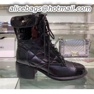 Shop Chanel Quilted Patent Calfskin Lace-up Short Boots G35281 Black 2019