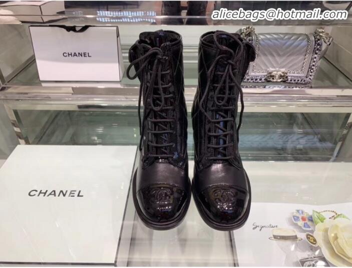 Shop Chanel Quilted Patent Calfskin Lace-up Short Boots G35281 Black 2019