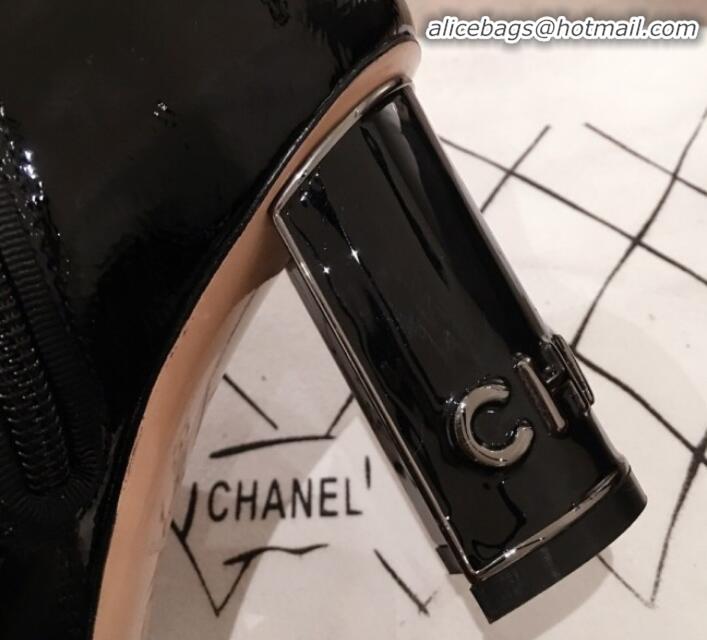 Perfect Chanel Patent Leather Logo Heel Zipped Short Boots G20608 Black 2020