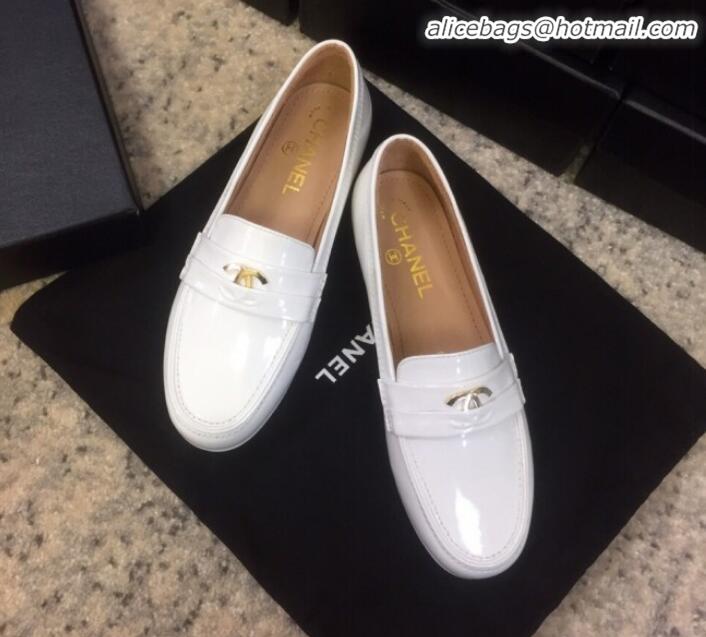 Most Popular Chanel Patent Calfskin Flat Loafers G35110 White 2020