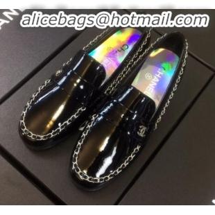 Custom Chanel Patent Calfskin Rainbow Lining Chain Flat Loafers G35631 Black 2020