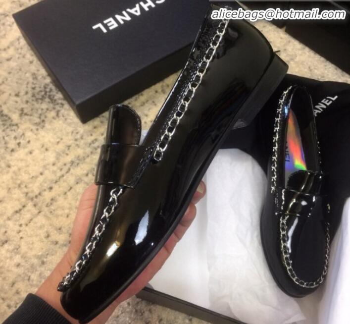 Custom Chanel Patent Calfskin Rainbow Lining Chain Flat Loafers G35631 Black 2020