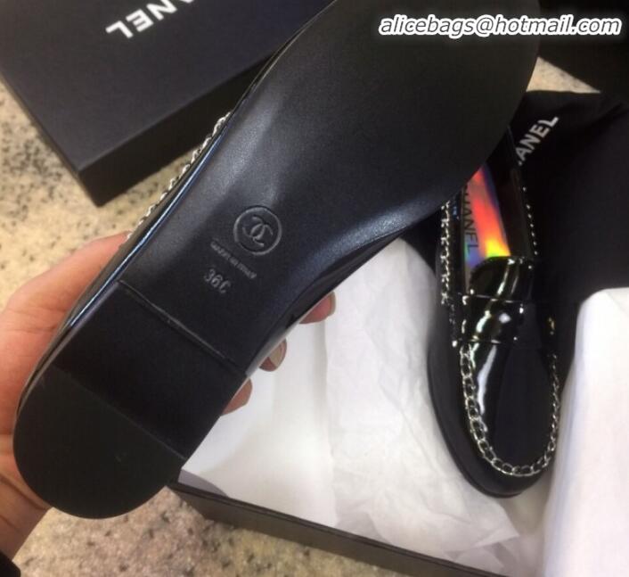 Custom Chanel Patent Calfskin Rainbow Lining Chain Flat Loafers G35631 Black 2020