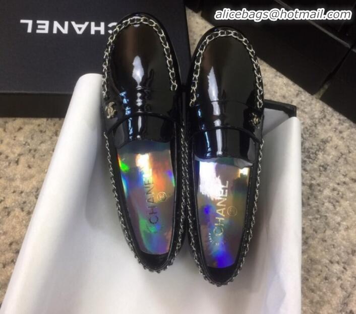 Custom Chanel Patent Calfskin Rainbow Lining Chain Flat Loafers G35631 Black 2020