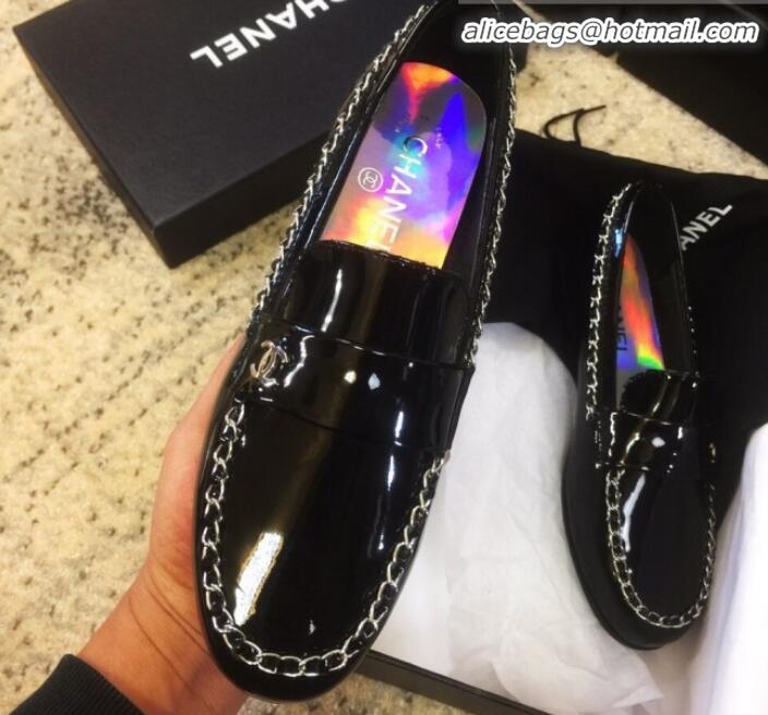 Custom Chanel Patent Calfskin Rainbow Lining Chain Flat Loafers G35631 Black 2020