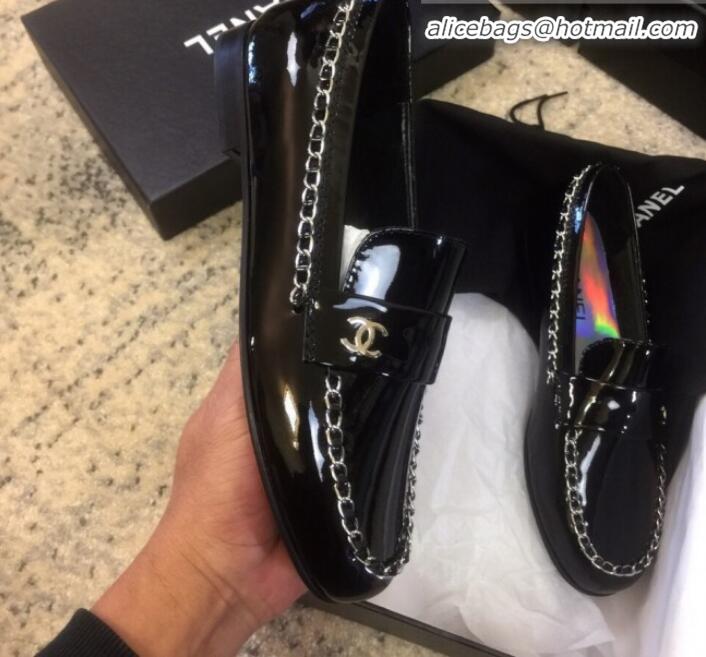 Custom Chanel Patent Calfskin Rainbow Lining Chain Flat Loafers G35631 Black 2020