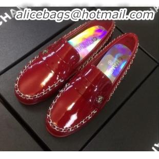 Best Design Chanel Patent Calfskin Rainbow Lining Chain Flat Loafers G35631 Red 2020