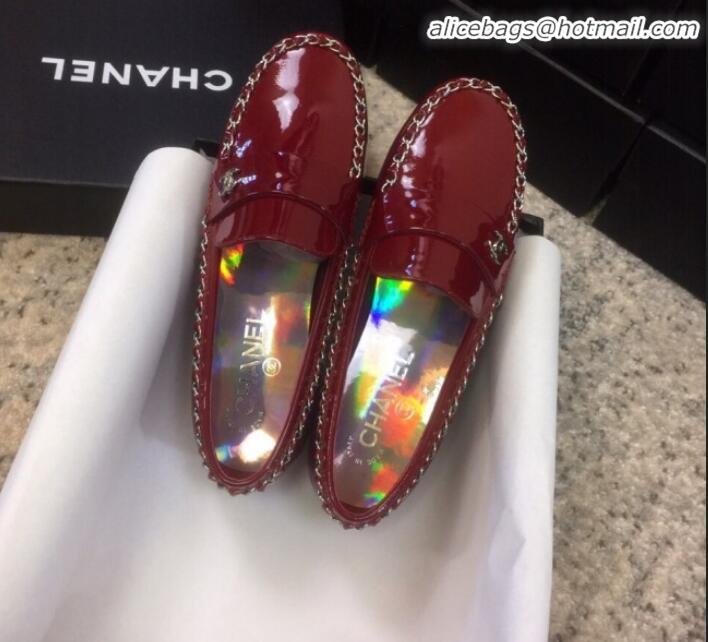 Best Design Chanel Patent Calfskin Rainbow Lining Chain Flat Loafers G35631 Red 2020