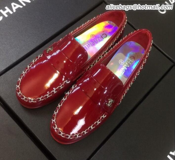 Best Design Chanel Patent Calfskin Rainbow Lining Chain Flat Loafers G35631 Red 2020