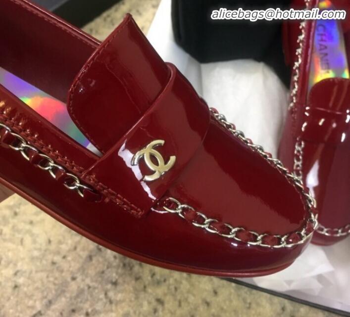 Best Design Chanel Patent Calfskin Rainbow Lining Chain Flat Loafers G35631 Red 2020