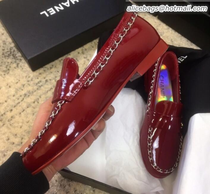 Best Design Chanel Patent Calfskin Rainbow Lining Chain Flat Loafers G35631 Red 2020