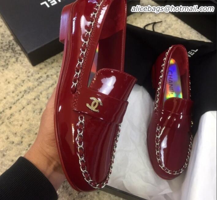 Best Design Chanel Patent Calfskin Rainbow Lining Chain Flat Loafers G35631 Red 2020