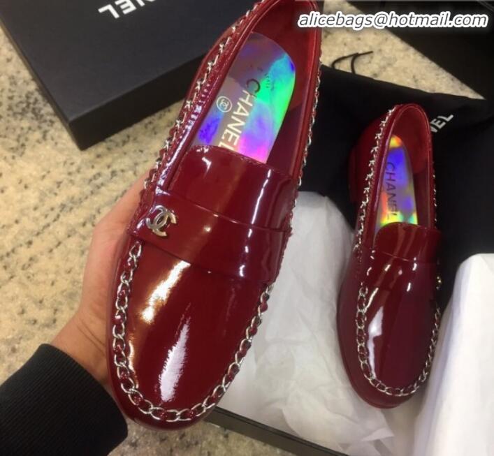 Best Design Chanel Patent Calfskin Rainbow Lining Chain Flat Loafers G35631 Red 2020