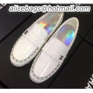 New Style Chanel Patent Calfskin Rainbow Lining Chain Flat Loafers G35631 White 2020