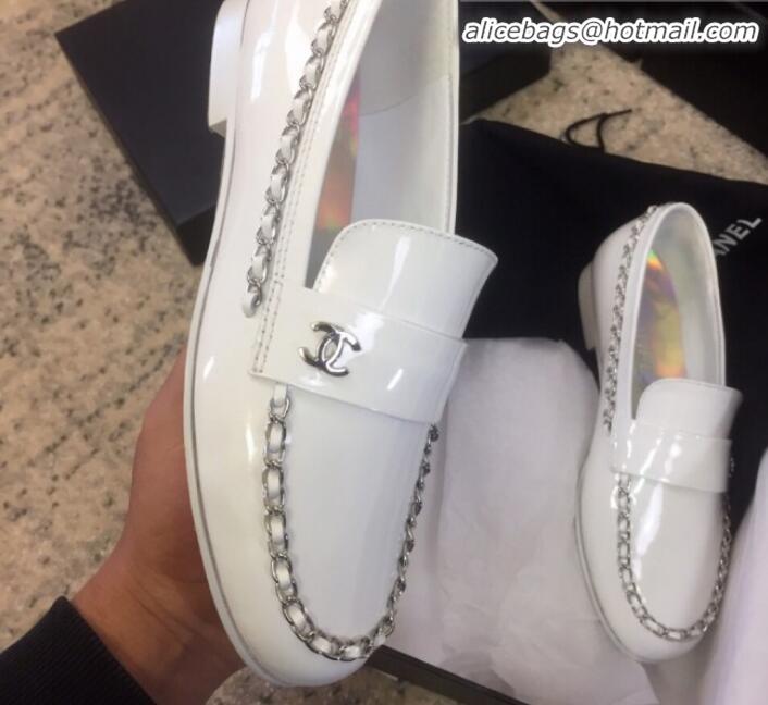 New Style Chanel Patent Calfskin Rainbow Lining Chain Flat Loafers G35631 White 2020