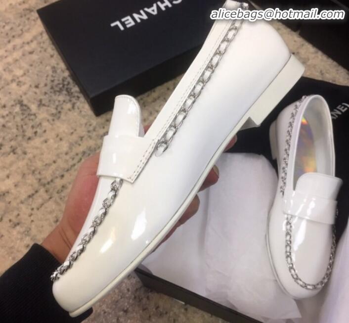 New Style Chanel Patent Calfskin Rainbow Lining Chain Flat Loafers G35631 White 2020