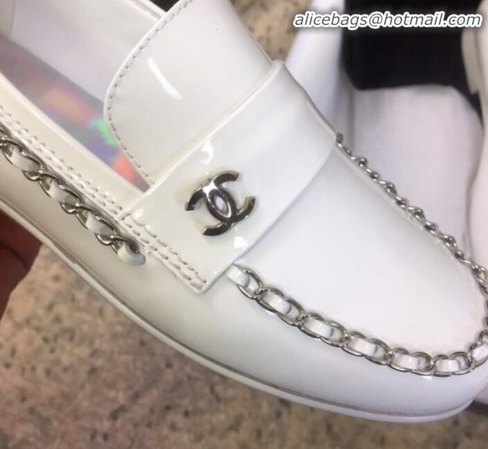 New Style Chanel Patent Calfskin Rainbow Lining Chain Flat Loafers G35631 White 2020