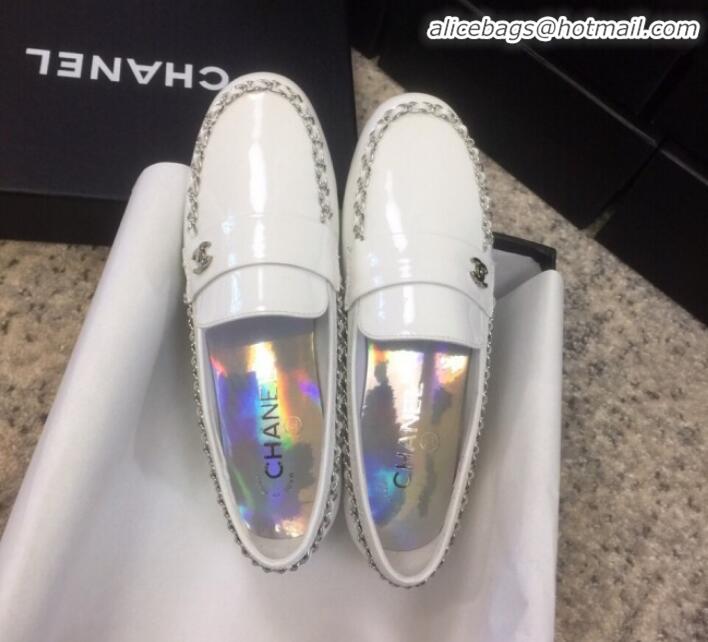 New Style Chanel Patent Calfskin Rainbow Lining Chain Flat Loafers G35631 White 2020