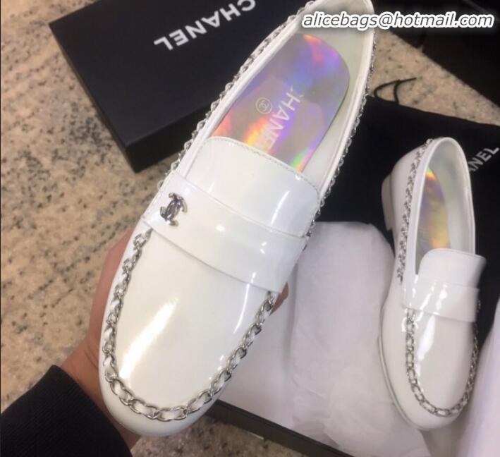 New Style Chanel Patent Calfskin Rainbow Lining Chain Flat Loafers G35631 White 2020