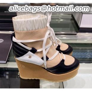 Shop Duplicate Chanel Lace-ups Platform 12cm Short Boots G35303 Beige/Black/White 2019 