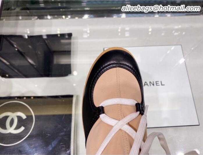 Shop Duplicate Chanel Lace-ups Platform 12cm Short Boots G35303 Beige/Black/White 2019 