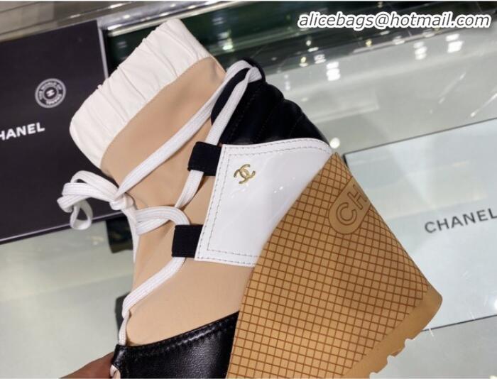 Shop Duplicate Chanel Lace-ups Platform 12cm Short Boots G35303 Beige/Black/White 2019 