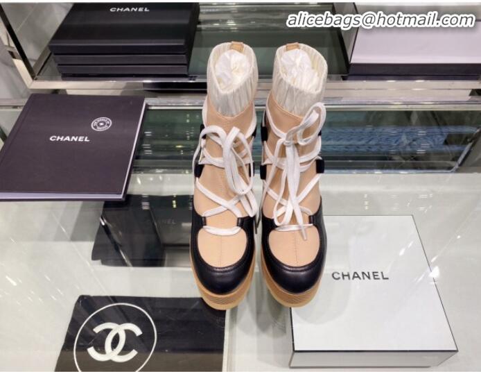 Shop Duplicate Chanel Lace-ups Platform 12cm Short Boots G35303 Beige/Black/White 2019 