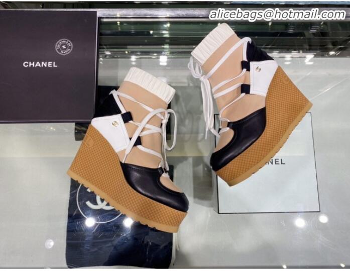 Shop Duplicate Chanel Lace-ups Platform 12cm Short Boots G35303 Beige/Black/White 2019 