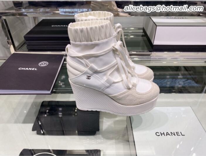 Good Taste Chanel Leather Tweed Lace-ups Platform Short Boots G35303 All White 2019 