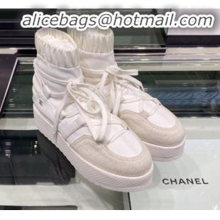 Unique Style Chanel Tweed Trim Lace-ups Platform Short Boots G35303 All White 2019 