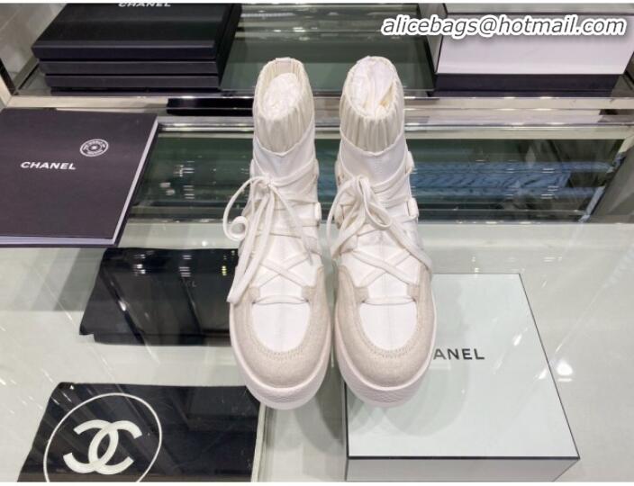 Unique Style Chanel Tweed Trim Lace-ups Platform Short Boots G35303 All White 2019 